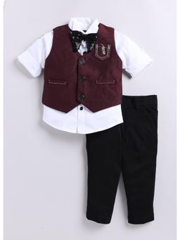 Little Collars - Cotton Rayon Printed Jacket Full Pant Shirt, Bow Tie-Maroon (Set of 4)