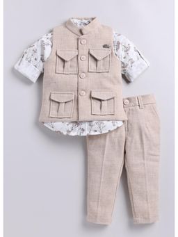 Little Collars - Cotton Rayon Placement Print Jacket Full Pant Shirt-Beige (Set of 3)