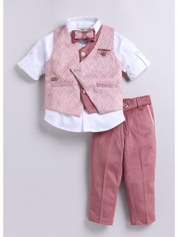 Little Collars - Velvet Printed Jacket Full Pant Shirt, Bow Tie, Broach-Pink (Set of 5)
