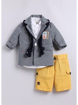 Little Collars - Cotton Checks Coat Half Pant Kurta Shirt, Stole/Muffler-Carrot (Set of 4)
