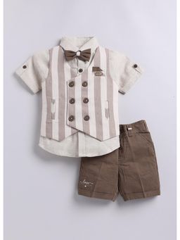 Little Collars - Cotton Stripes Jacket Half Pant Shirt, Bow Tie-Khaki (Set of 4)