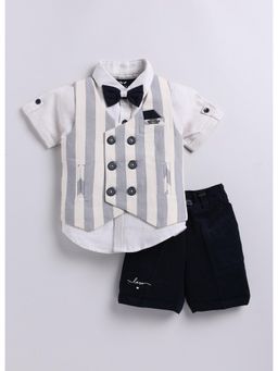Little Collars - Cotton Stripes Jacket Half Pant Shirt, Bow Tie-Navy (Set of 4)
