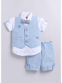 Little Collars - Cotton Stripes Jacket Half Pant Shirt, Bow Tie-Blue (Set of 4)