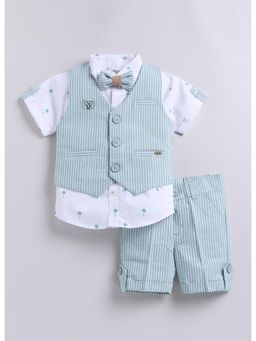 Little Collars - Cotton Stripes Jacket Half Pant Shirt, Bow Tie-Green (Set of 4)