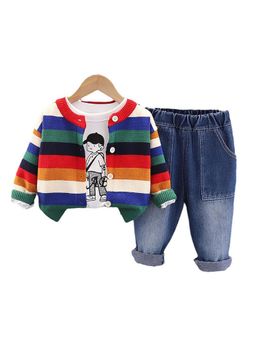 Little Surprise Box - Colorful Stripes Cardigan, T-Shirt and Denim Pant (Set of 3)