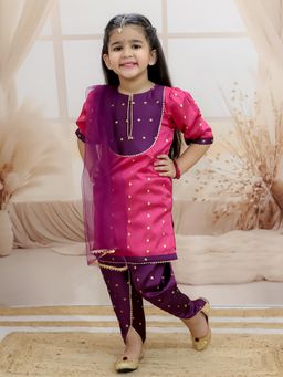 BownBee - Dhunki Zari Kurta with Tulip Salwar with Net Dupatta for Girls (Set of 3)