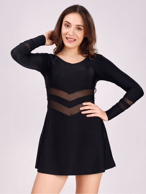 Buy SOIE Womens Full Sleeves V-Neck Mid Thigh Length Swim Dress with  Attached Shorts Online
