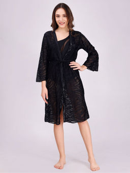 SOIE - Womens Full Sleeves Zebra Print Lace Robe Cover Up