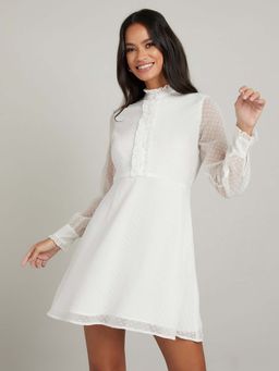 Styli - White Long Sleeves High Neck Dobby Spot Mini Dress