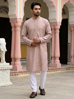 Jompers - Peach Silk Blend Embroidered Kurta with Pyjama