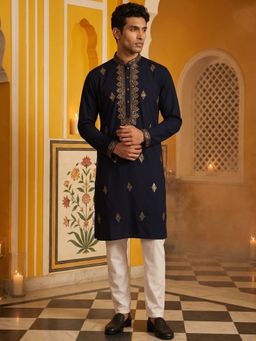 Jompers - Navy Blue Cotton Blend Embroidered Kurta with Pyjama