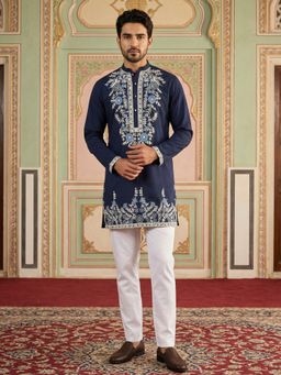 Jompers - Navy Blue Cotton Blend Embroidered Kurta with Pyjama