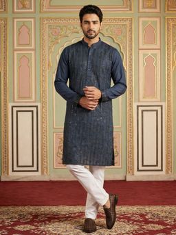 Jompers - Navy Blue Silk Blend Embroidered Kurta with Pyjama