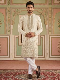 Jompers - White Silk Blend Embroidered Kurta with Pyjama