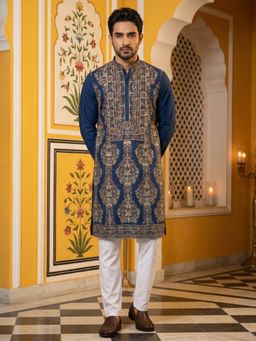 Jompers - Blue Silk Blend Embroidered Kurta with Pyjama