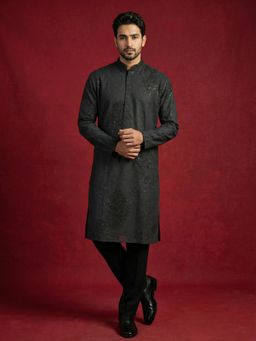 Jompers - Black Silk Blend Embroidered Kurta with Pyjama