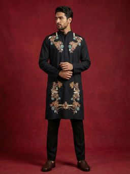 Jompers - Black Cotton Blend Embroidered Kurta with Pyjama