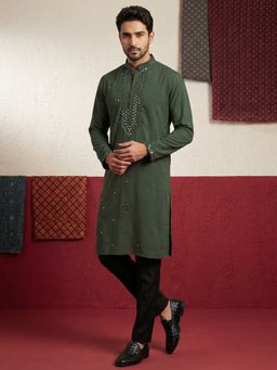 Jompers - Olive Cotton Blend Embroidered Kurta with Pyjama