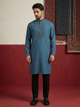 Jompers - Blue Cotton Blend Embroidered Kurta with Pyjama