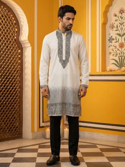 Jompers - White Cotton Blend Embroidered Kurta with Pyjama