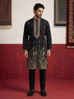 Jompers - Black Silk Blend Embroidered Kurta with Pyjama
