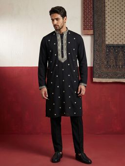 Jompers - Black Silk Blend Embroidered Kurta with Pyjama