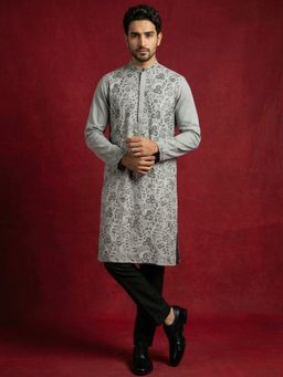 Jompers - Grey Silk Blend Embroidered Kurta with Pyjama