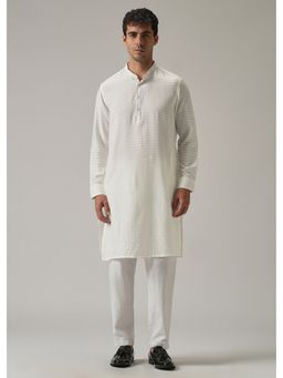 Banana Club - White Nylon Self Stripe Kurta