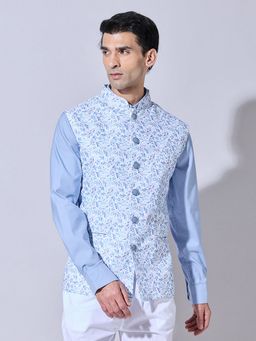 SHOWOFF - Floral Printed Blue Nehru Jacket