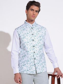 SHOWOFF - Floral Printed Green Nehru Jacket