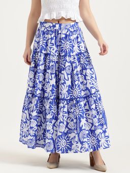 United Colors of Benetton - Navy Blue Regular Fit High Rise Printed Skirt