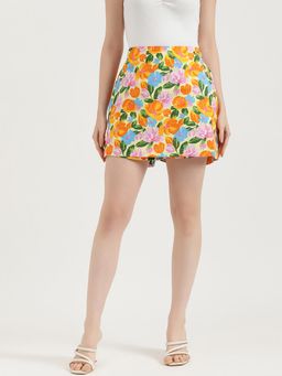 United Colors of Benetton - Yellow Regular Fit Floral High Rise Skorts