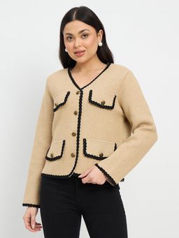 Madame - Contrast Trim Beige Cardigan