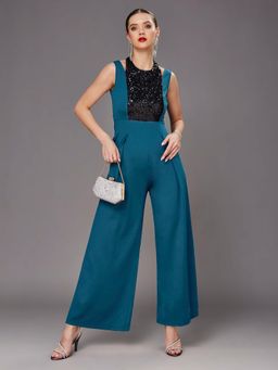 Miss Chase - Women Teal Halter Neck Sleeveless Regular Length Jumpsuit