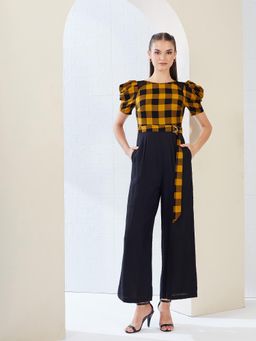 Miss Chase - Women Mustard Round Neck Wide-Leg Viscose-Rayon Jumpsuit