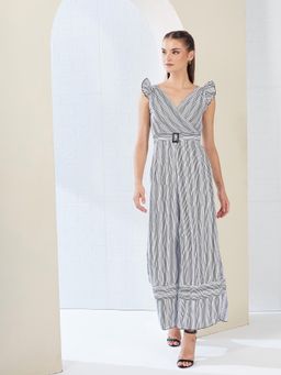 Miss Chase - Women Black Striped V-Neck Wrap Relaxed Fit Jumpsuit