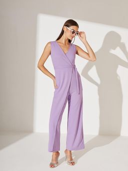 Miss Chase - Lavender V-Neck Sleeveless Solid Wrap Regular Length Jumpsuit