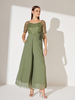 Miss Chase - Women Light Green Square Neck Embroidered Regular Jumpsuit