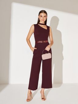 Miss Chase - Women Maroon Solid Asymmetric Neck Regular Length Jumpsuit