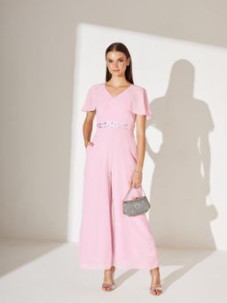 Miss Chase - Women Light Pink Georgette V-Neck Solid Layered Regular Jumpsuit