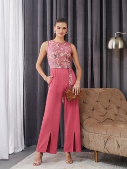 Miss Chase - Women Pink Round Neck Sleeveless Straight Leg Polyester Jumpsuit