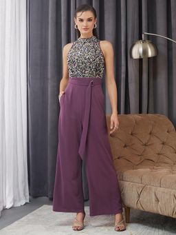 Miss Chase - Women Purple Sleeveless Halter Neck Regular Jumpsuit