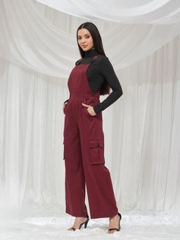 Miss Chase - Women Maroon Square Neck Sleeveless Solid Full Length Cotton Dungaree