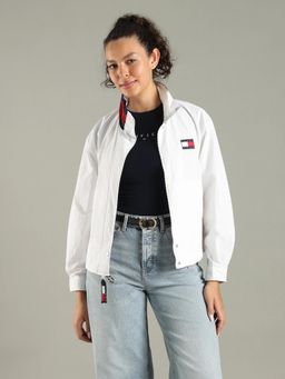 Tommy Hilfiger - White Relaxed Fit Nylon High-Neck Bomber Jacket