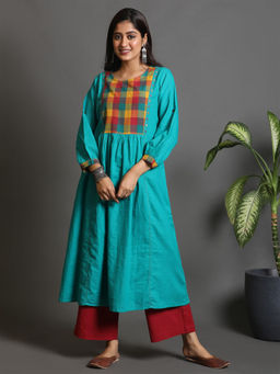 EARTHWEAR - Green Handwoven Pleated Kurta with Blue Yoke and Mirror Work