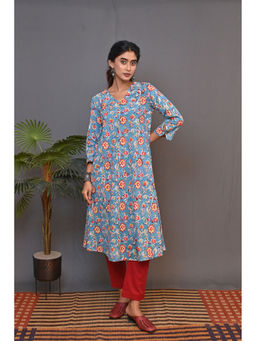 EARTHWEAR - Blue Block Printed Bias Kurta with Kantha Embroidery Detailing On Neck
