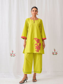 Myaara - Lemon Green Kurta With Embroidery Matching Palazzo (Set of 2)