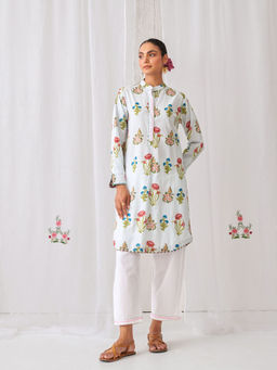 Myaara - Blue Floral Kurta with Band Collar Paired with White Straight Pant (Set of 2)
