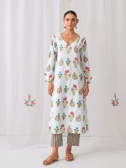 Myaara - Blue Floral V Neck Long Kurta Paired With Striped Matching Pant (Set of 2)