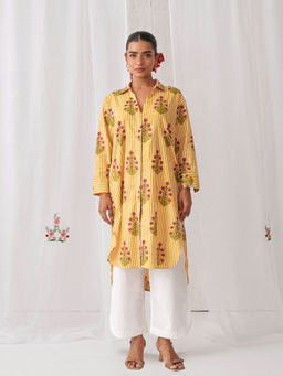 Myaara - Yellow Floral Shirt Style Kurta Paired With Curved Hem White Palazzo (Set of 2)